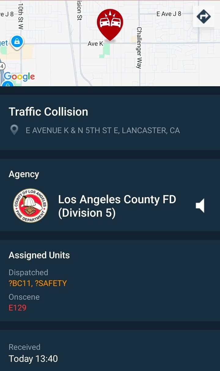 Engine 129 in traffic involved in a traffic collsion at 5th Street...