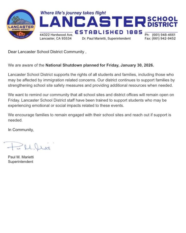 Message from the Superintendent — National Shutdown ✅
