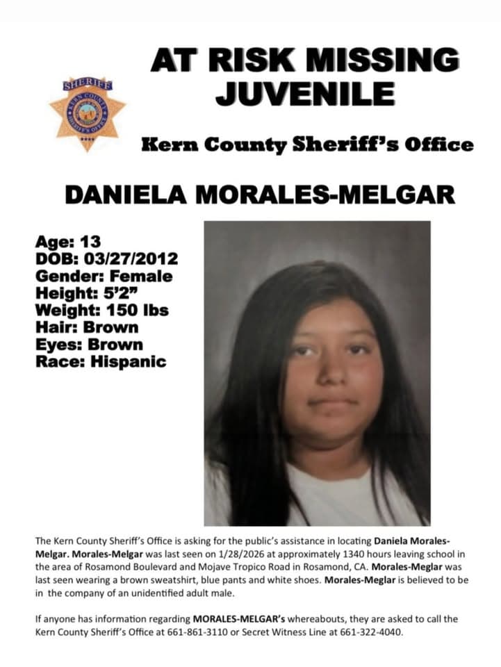 AT RISK MISSING JUVENILE DANIELA MORALES-MELGAR Age: 13 DOB: 03/27/2012 Gender: Female...