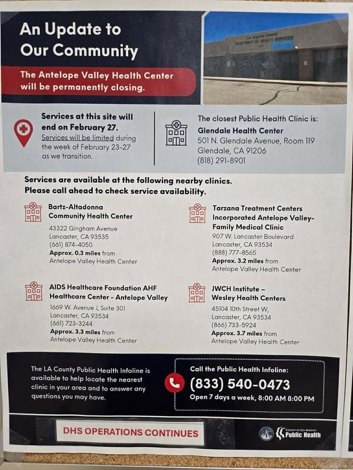 Antelope Valley Health Center is permanently closing on February 27th