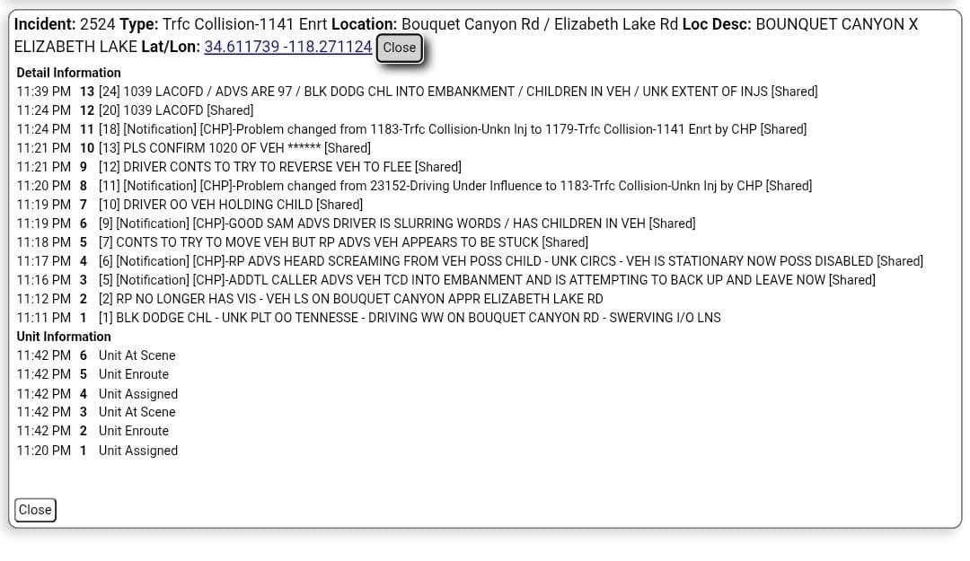 11-79....Bouquet Canyon Road and Elizabeth Lake Road....black Dodge Challenger into embankment....caller hears...