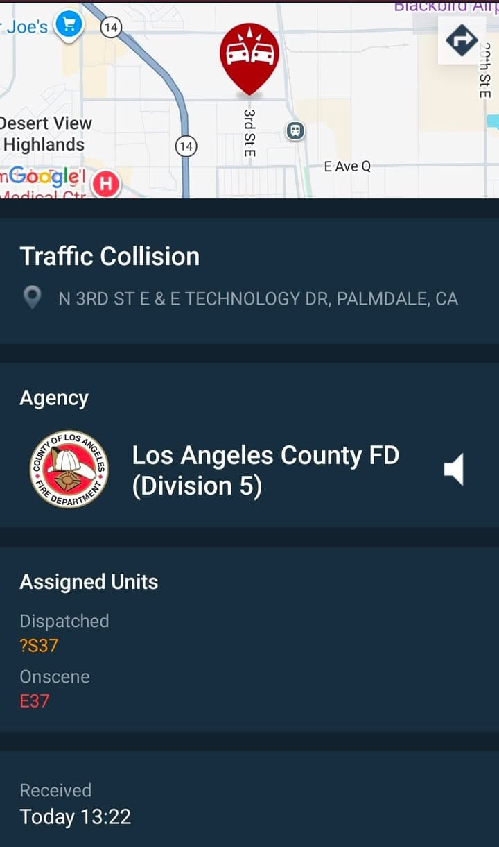 901T/902R....Sierra Highway and Rancho Vista Blvd.....two vehicle collision....sheriff and FD enroute code...