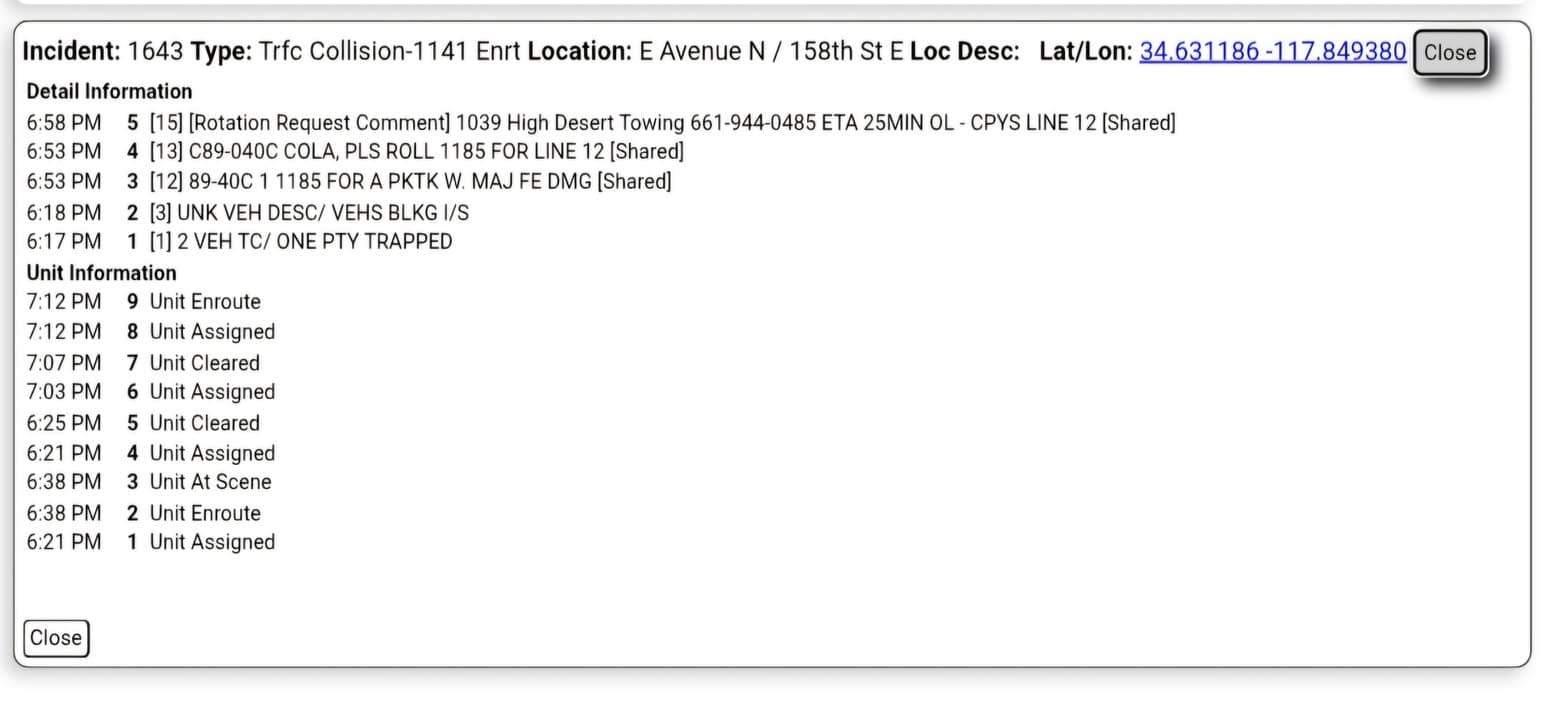 11-79....158th Street East and Avenue N....two vehicle collsion, one party trapped....CHP and...