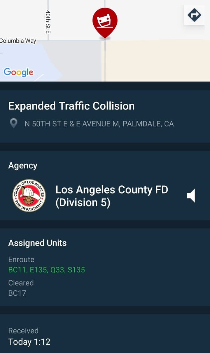 11-79....50th Street East and Avenue M....solo vehicle rollover, unknown if anyone inside....CHP...