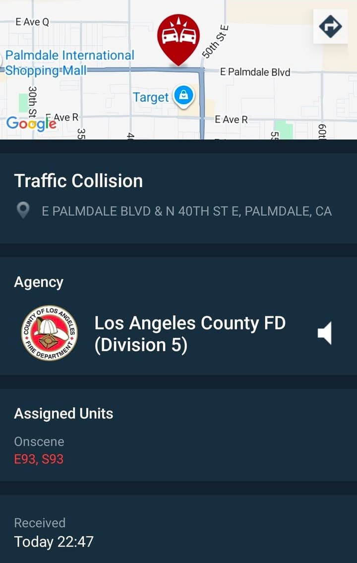 902T/902R....Palmdale Blvd between 37th and 40th Street East....two vehicle collision....sheriff and FD...