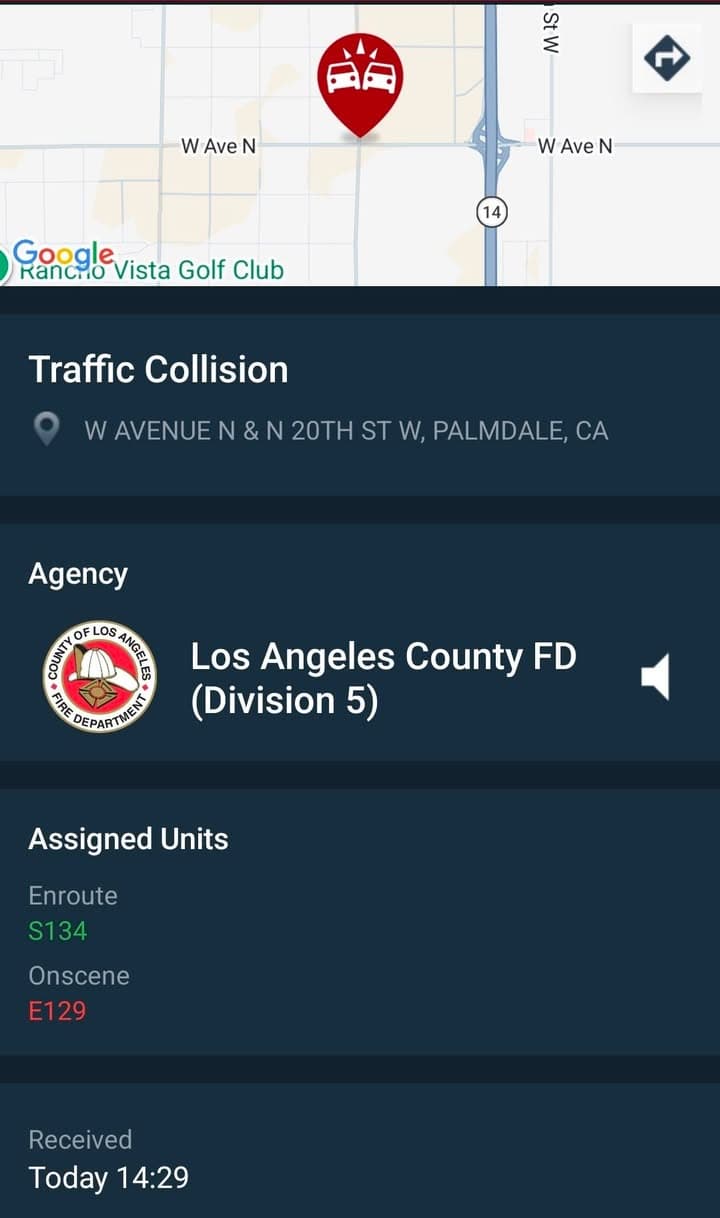 902T/902R/914C.....20th Street West and Avenue N....white truck vs motorcycle....sheriff, FD, and CHP...
