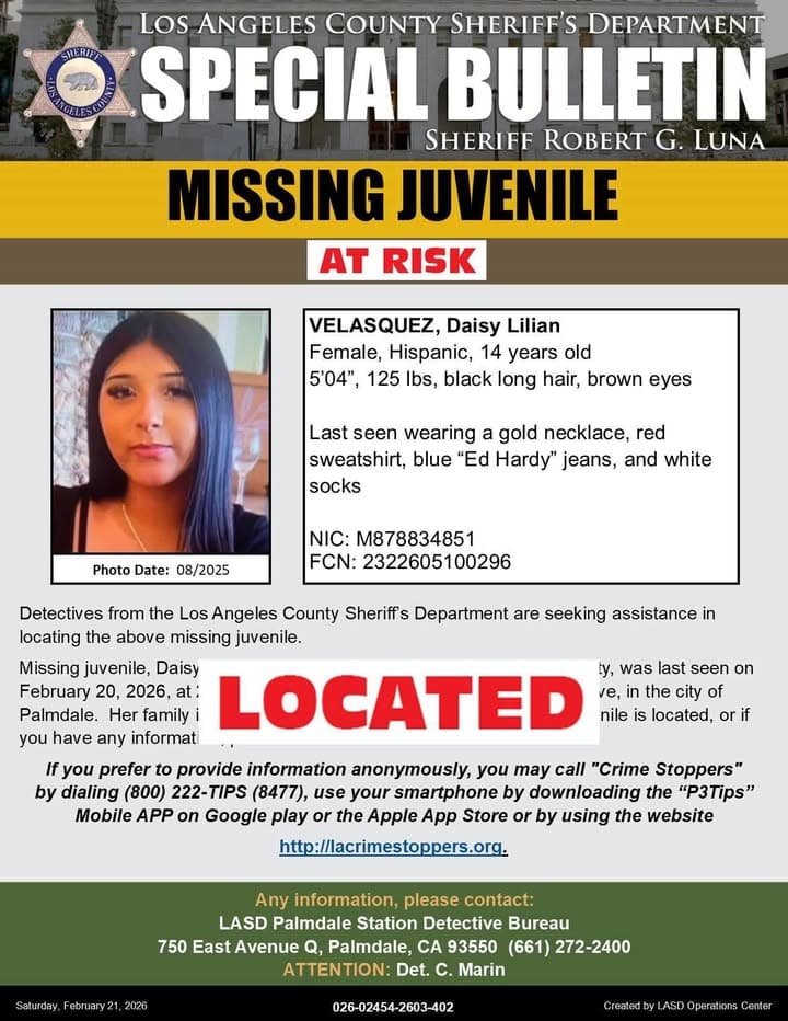 *UPD* #LASD Advises At-Risk Missing Juvenile, Daisy Lilian Velasquez, Has Been Found...