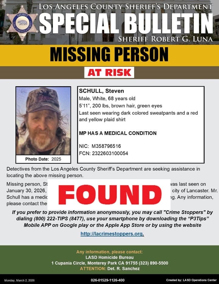 UPD-LOCATED* #LASD is Advising At-Risk Missing Person Steven Schull, has been Found...