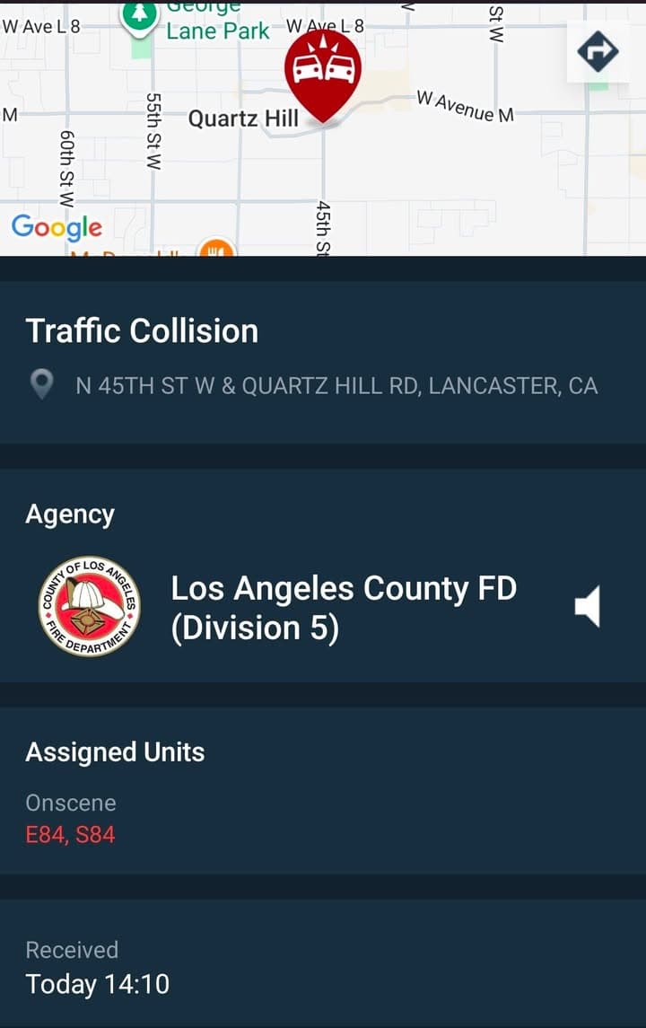902T/902R/914C....45th Street West and Quartz Hill Road....two vehicle collsion....sheriff, FD, and CHP...