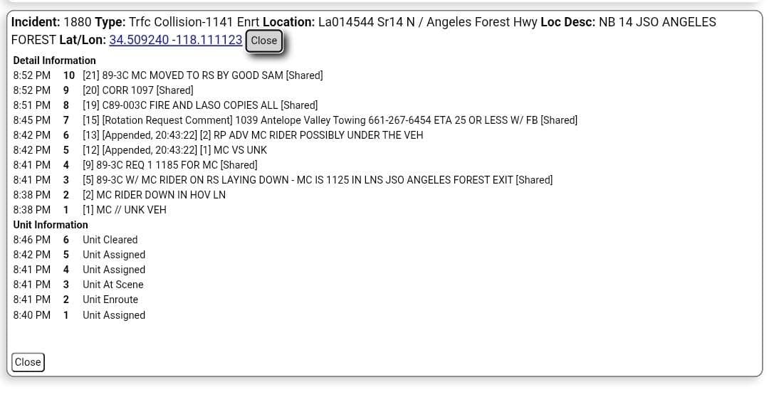 11-79.....Northbound 14 at Angeles Forest.....motorcycle vs vehicle, bike possibly stuck under car....CHP...