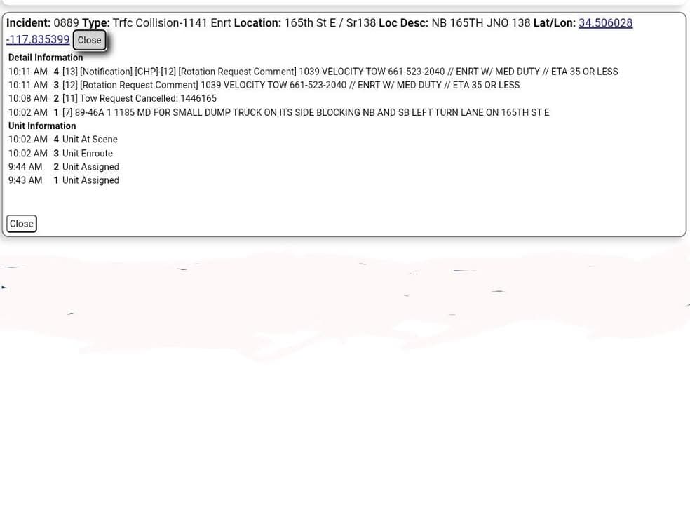 11-79.....165th Street East and Pearblossom Highway....small dump truck overturned....CHP and FD enroute...