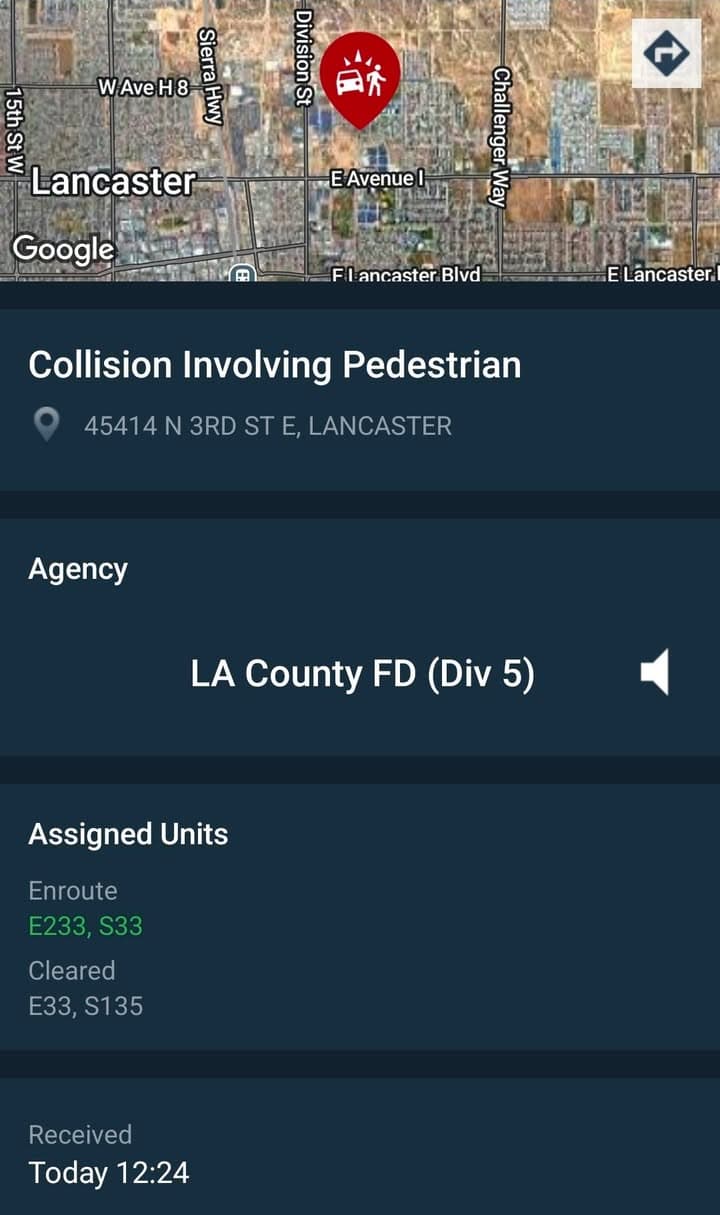 902T/902R....3rd Street East and Avenue H-13....vehicle vs pedestrian.....sheriff and FD enroute code...