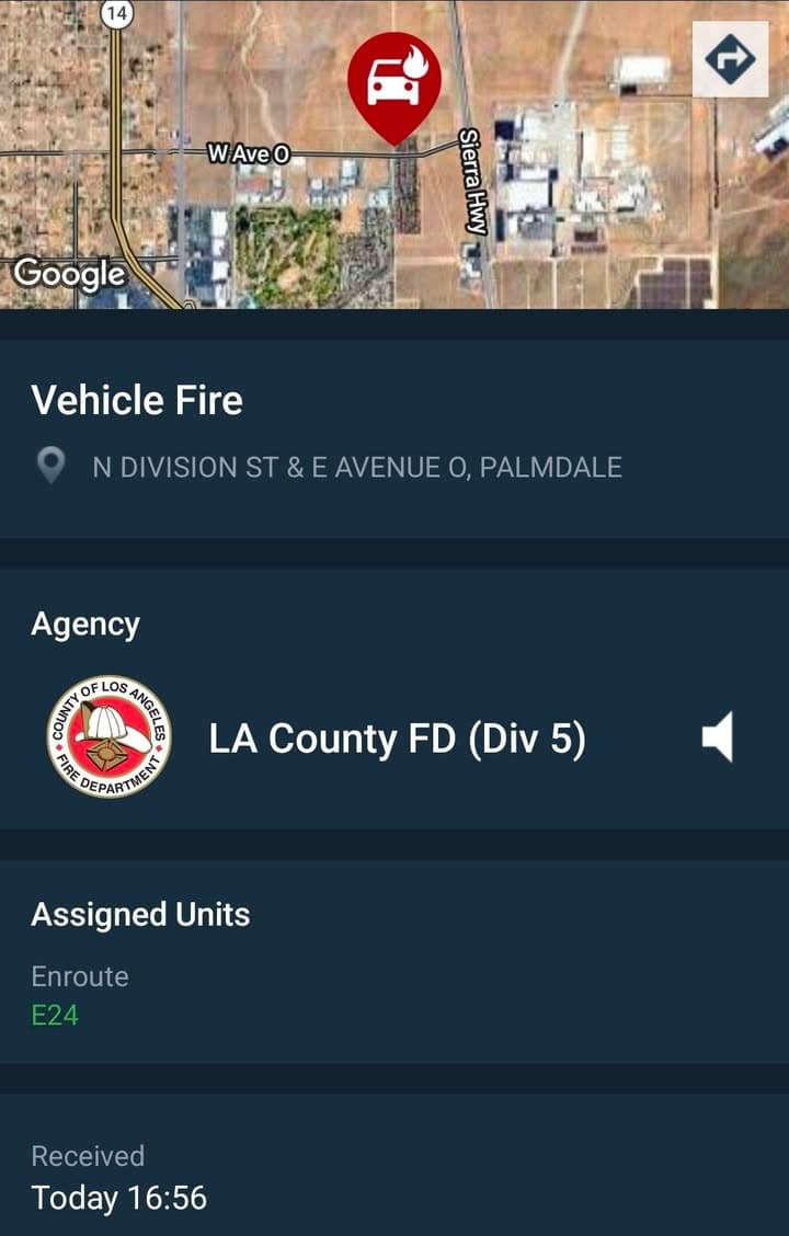 904A....Division Street and Avenue O....reported vehicle fire....sheriff and FD enroute code 3...