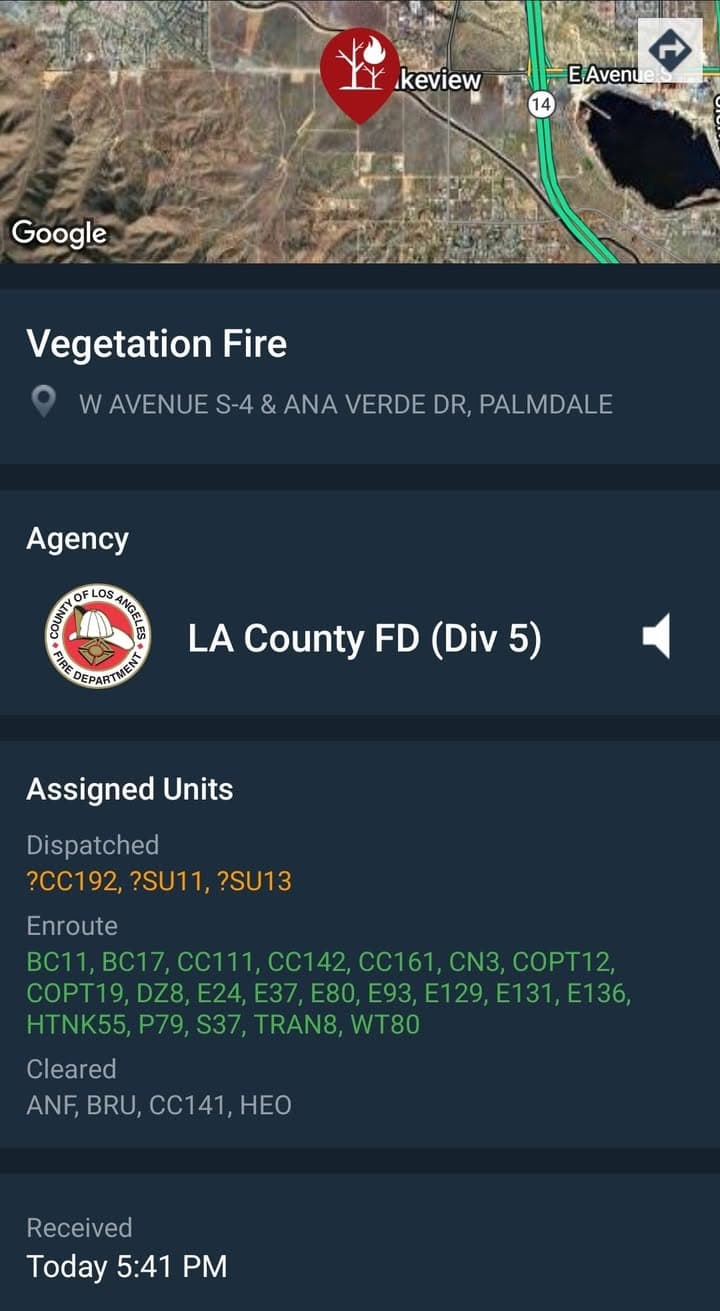 Reported brush fire on Avenue S-4 and Ana Verde Drive....LACoFD requesting deputies...