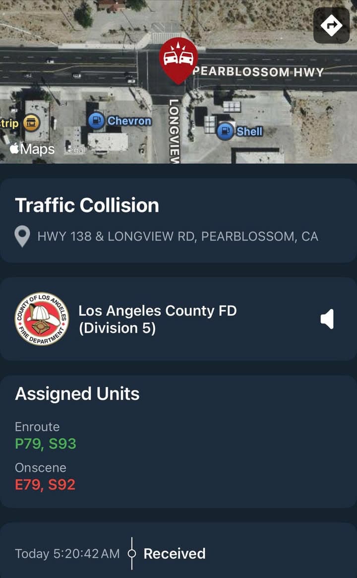11-79…Pearblossom Highway and Longview Rd…2 vehicle traffic collision…CHP and FD enroute code...