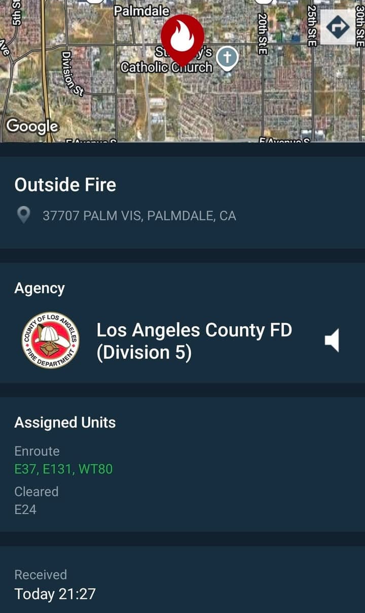 Vegetation fire at Palm Vista and Avenue R-4....Engine 37 on scene advises...