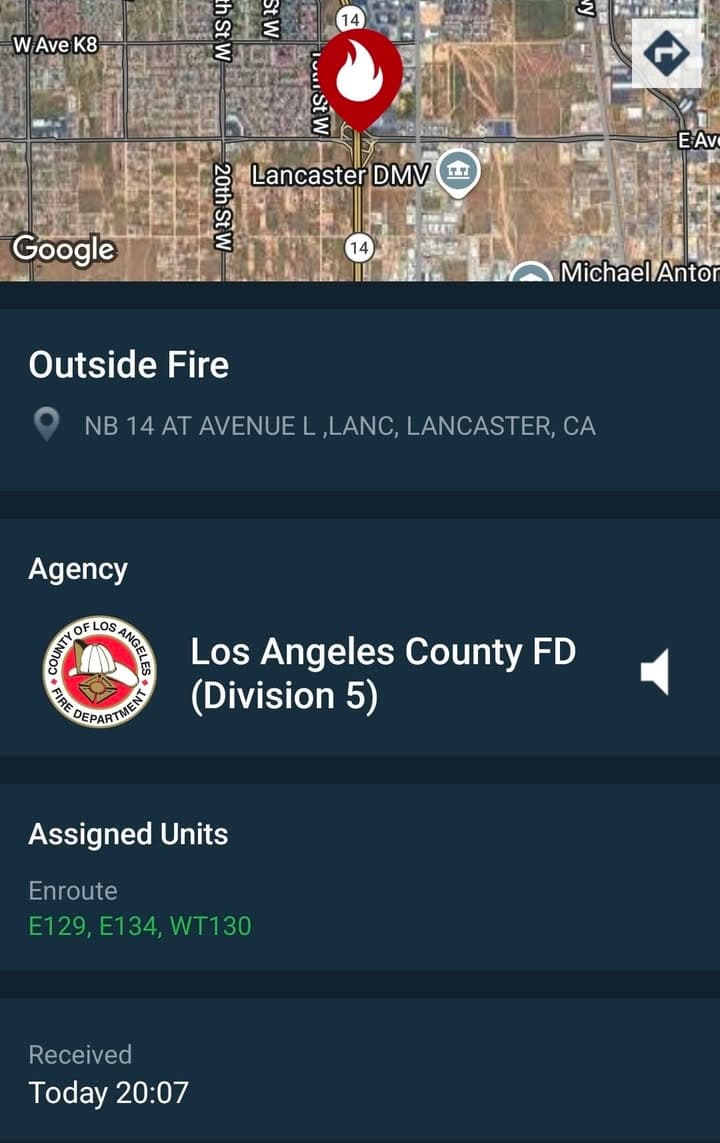 904B....Avenue L and 14 Freeway....multiple callers advise large brush fire at location....sheriff...