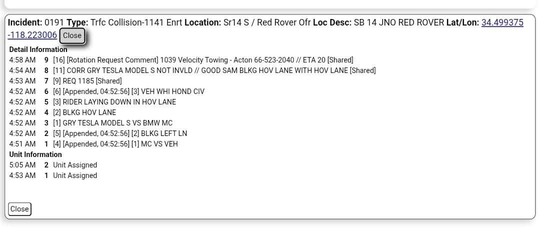 11-79....Southbound 14 just north of Red Rover.....gray Tesla vs BMW motorcycle....CHP and...