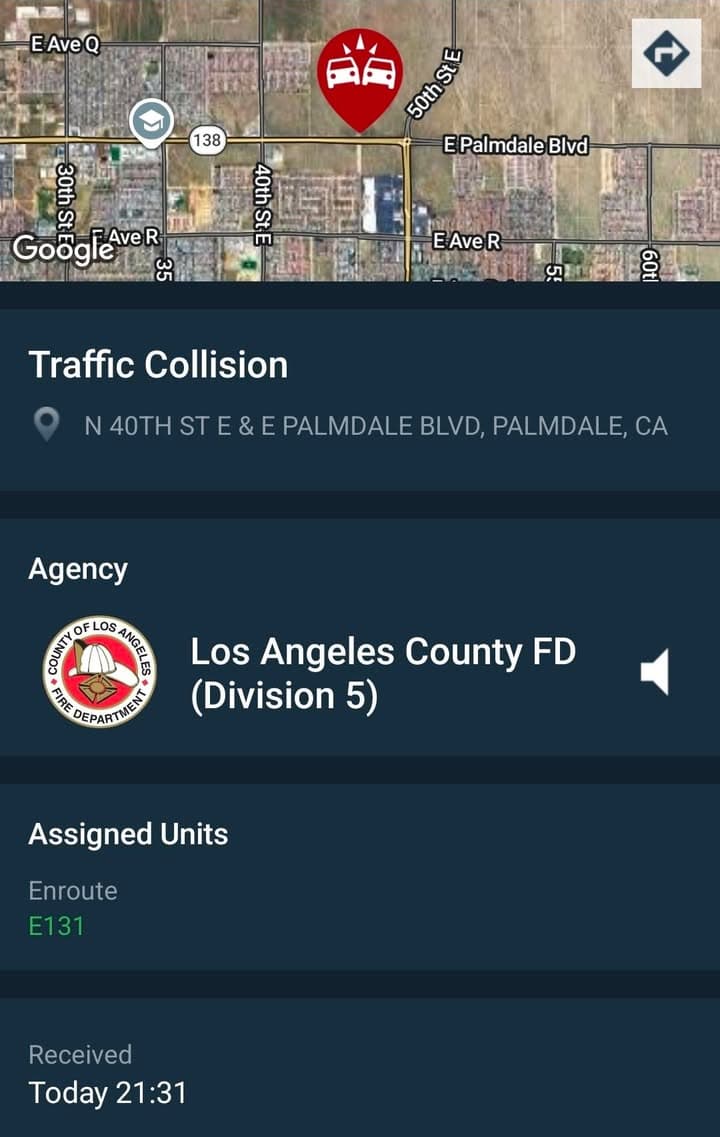902T/902R....40th Street East and Palmdale Boulevard....two vehicle collision....sheriff and FD enroute code...