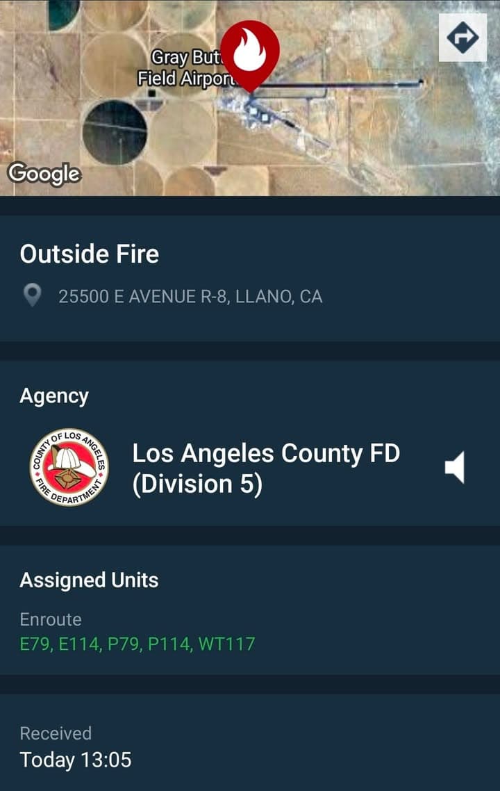 904.....25500 East Avenue R-8 at General Atomics....fire due to drone crash.....sheriff and...