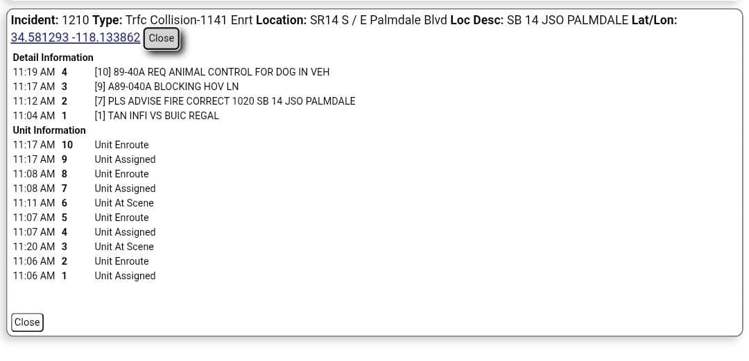 11-79....Southbound 14 south of Palmdale Boulevard....two vehicle collsion in HOV lane....CHP and...