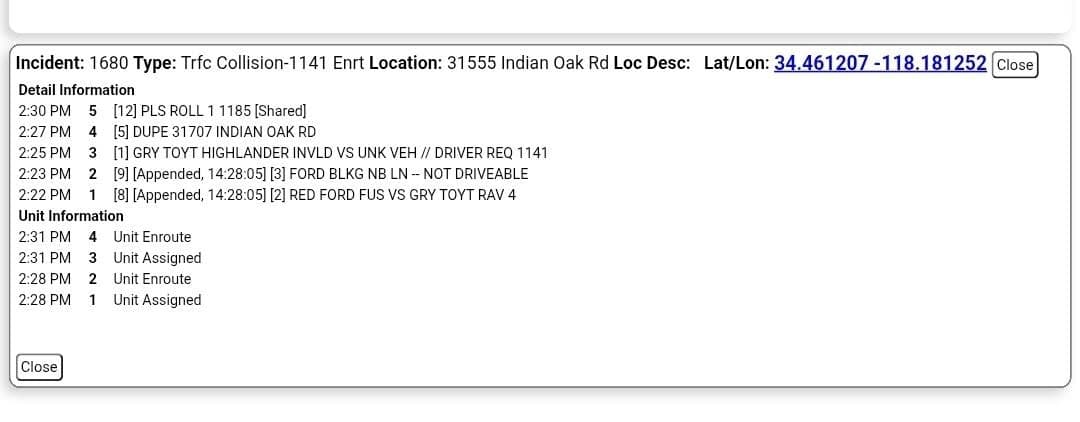 11-79.....31500 Block of Indian Oak Rd Acton....red Ford Fusion vs gray Toyota...