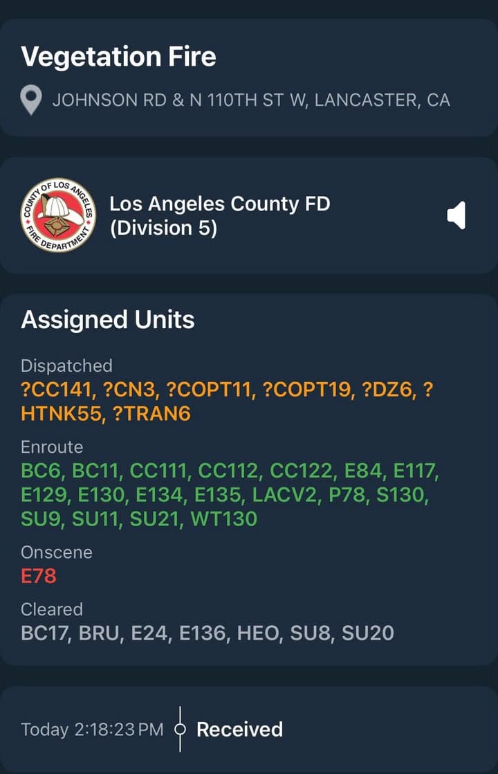 904B…Johnson Rd and 110th Street West…reported vegetation fire…Sheriff, CHP and FD enroute...