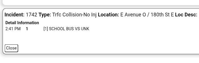 11-82....180th Street East and Avenue O....traffic collision, school bus vs unknown, no...