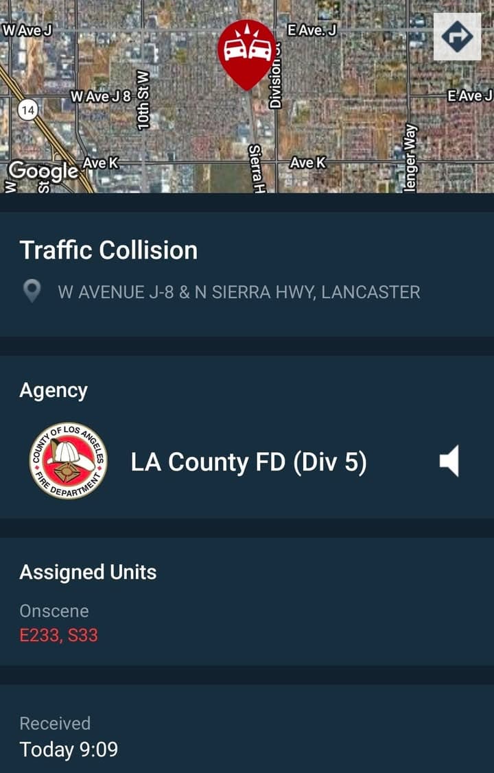 902T/902R....Sierra Highway and Avenue J-8....motorcycle vs vehicle.....sheriff and FD enroute code 3...