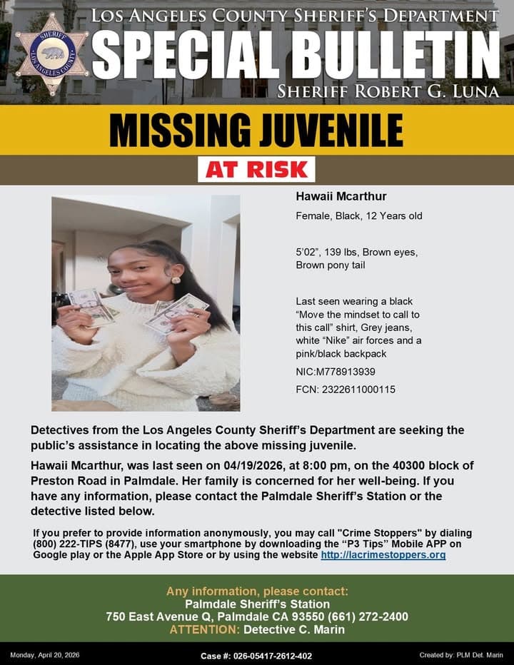 #LASD is Asking for the Public's Help Locating At-Risk Missing Juvenile, Hawaii...
