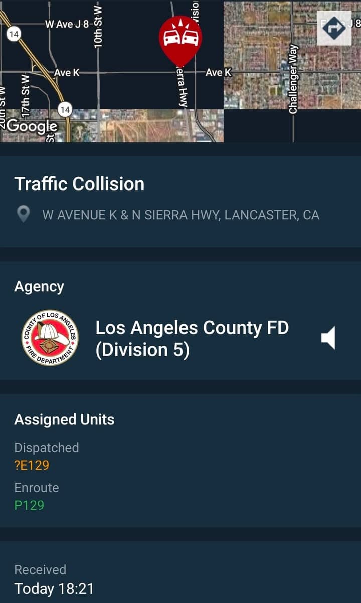 902T/902R.....Avenue K and Sierra Highway.....two vehicle collision with injuries....sheriff and FD enroute...