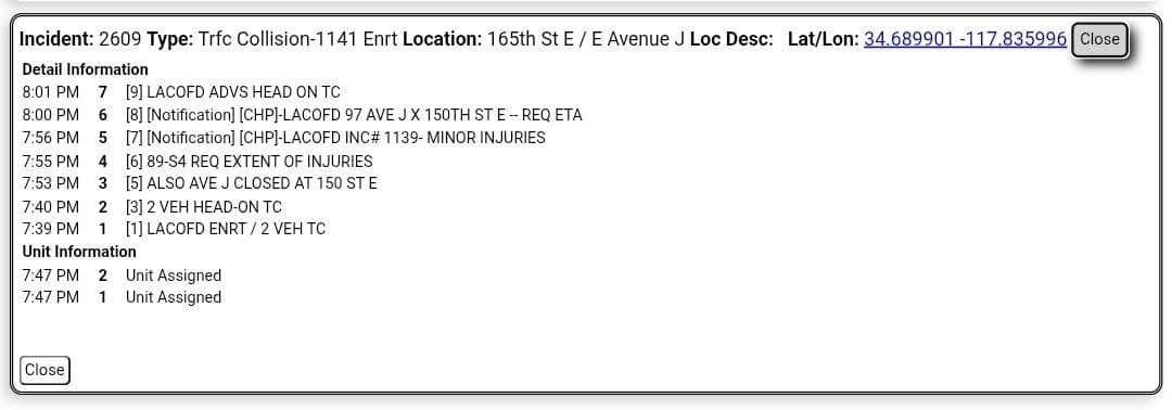 11-79....150th Street East at Avenue J....two vehicle head on collsion....CHP and FD...