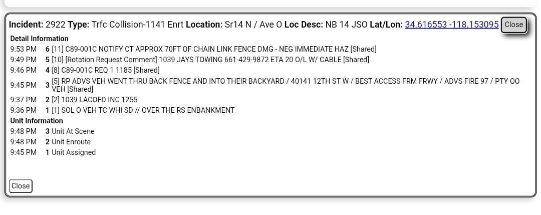 11-79....northbound 14 at Avenue O....vehicle left freeway and crashed thru back fence...