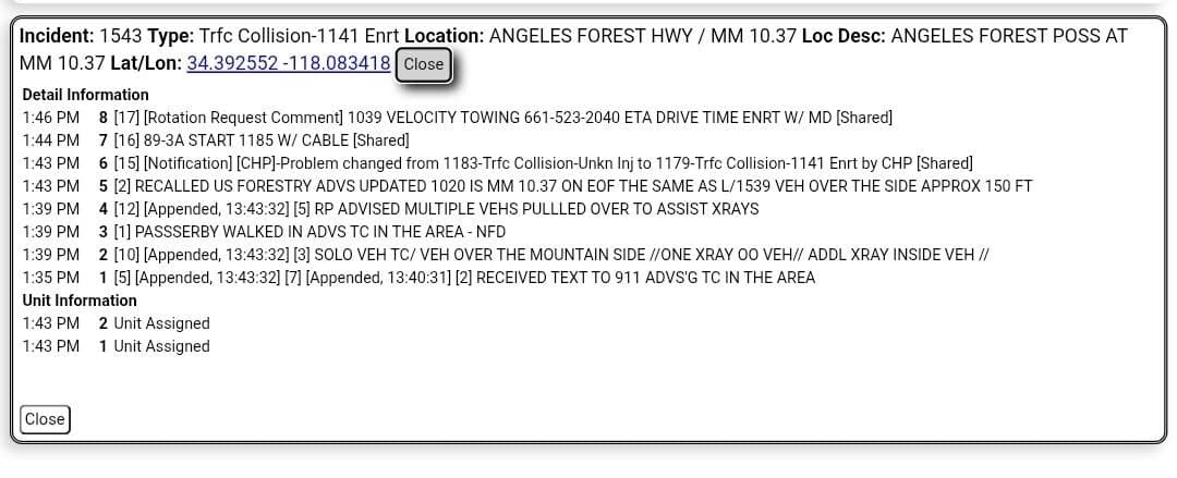 11-79....Angeles Forest at Mile Marker 10.37....solo vehicle overturned mountain side....CHP and FD...