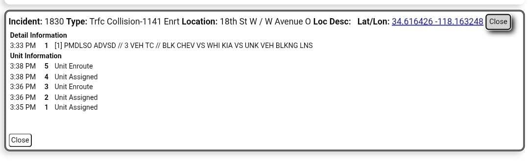 902T/902R/914C....Avenue O and 18th Street West....three vehicle collision....sheriff, FD and CHP enroute...