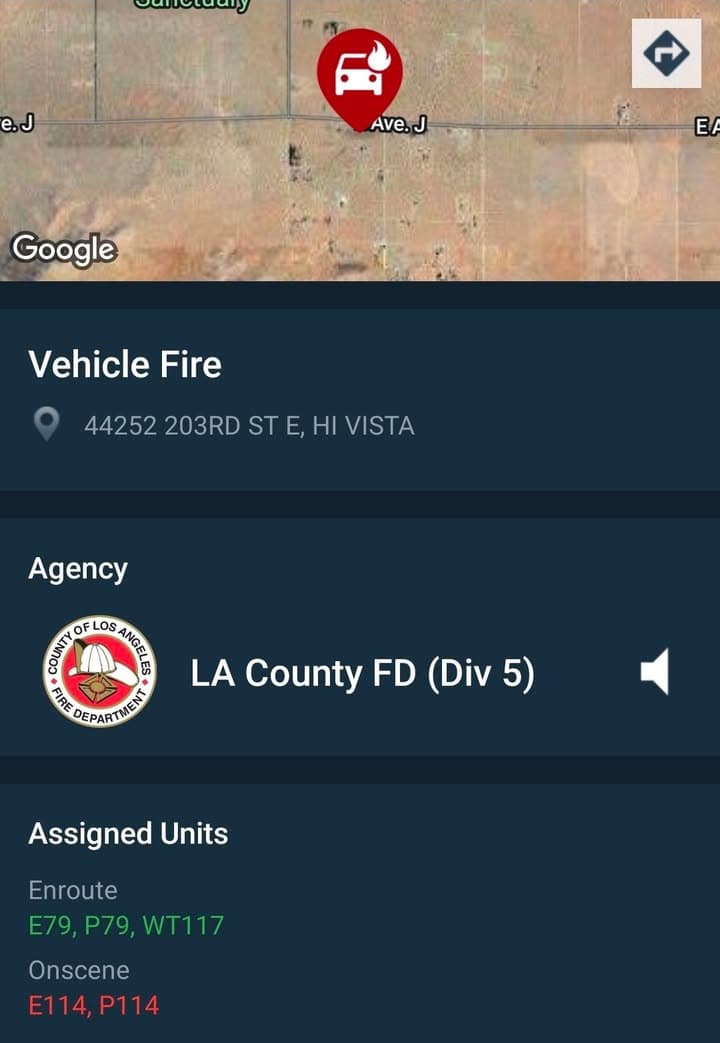 Vehicle fire....203rd Street East and Avenue J....FD enroute code 3