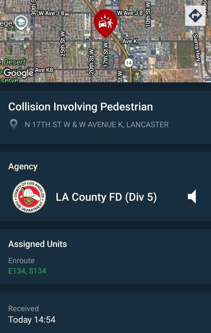 902T/902R....17th Street West and Avenue K....vehicle vs pedestrian....sheriff and FD enroute code...
