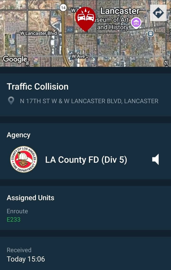 902T/902R....17th Street West and Lancaster Boulevard....three vehicle collision with injuries....sheriff and FD...
