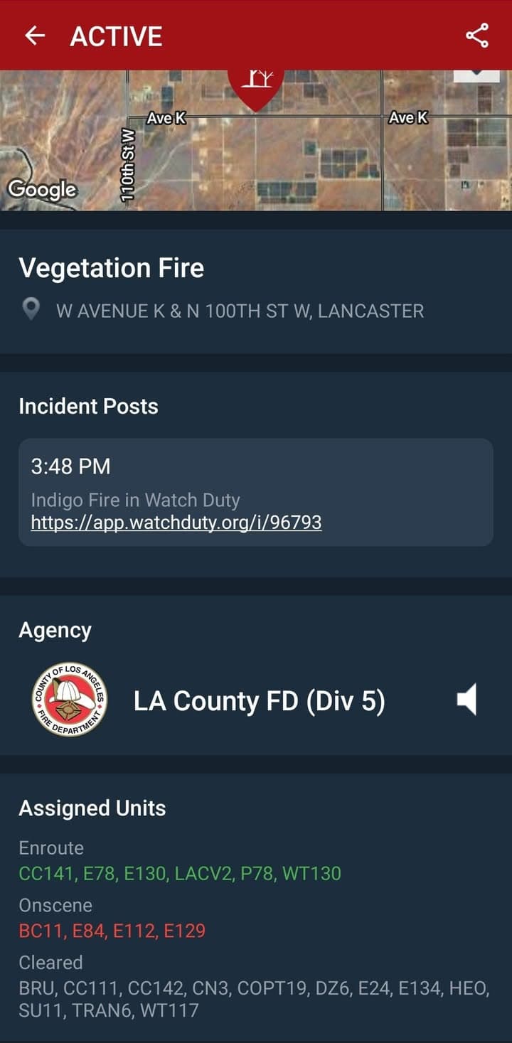 LACo Fire currently working a three acre brush fire on Avenue K...