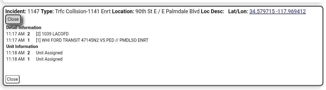 11-79....90th Street East and Palmdale Boulevard....white Ford Transit van vs pedestrian....CHP, FD,...