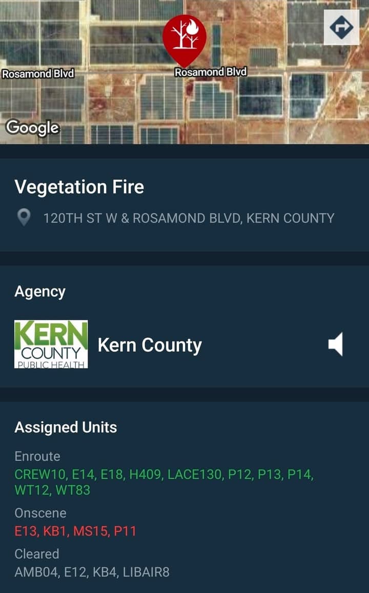 Brush fire....120th Street West and Rosamond Blvd....fire reported in desert....FD enroute code...