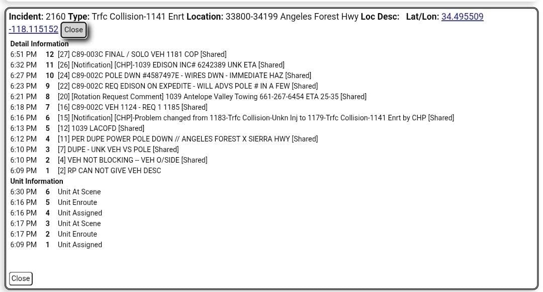 11-79....Angeles Forest and Vincent View Rd....vehicle vs pole....wires down....CHP and FD enroute...