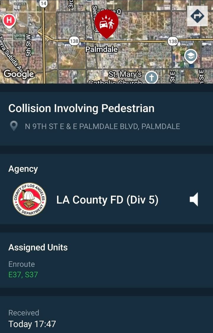902T/902R....9th Street East and Palmdale Boulevard.....vehicle vs bicycle....sheriff and FD enroute code...