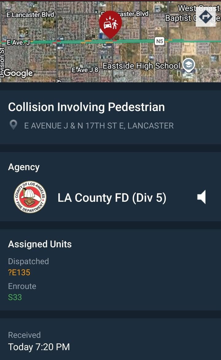 902T/902R....17th Street East and Avenue J....vehicle vs pedestrian....sheriff and FD enroute code...