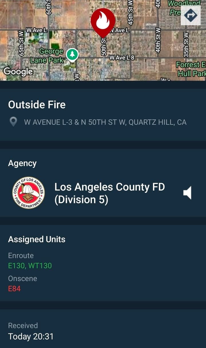 904B....50th Street West and Avenue L-3....fire in field....sheriff and FD enroute code...