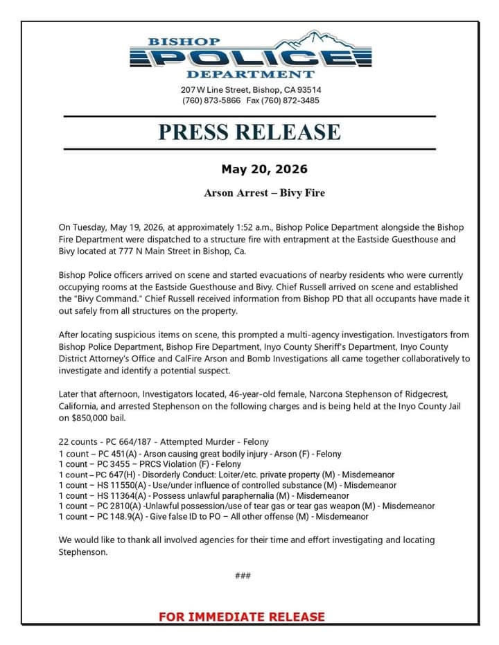 RIDGECREST WOMAN ARRESTED IN CONNECTION TO BISHOP HOTEL ARSON FIRE BISHOP —...
