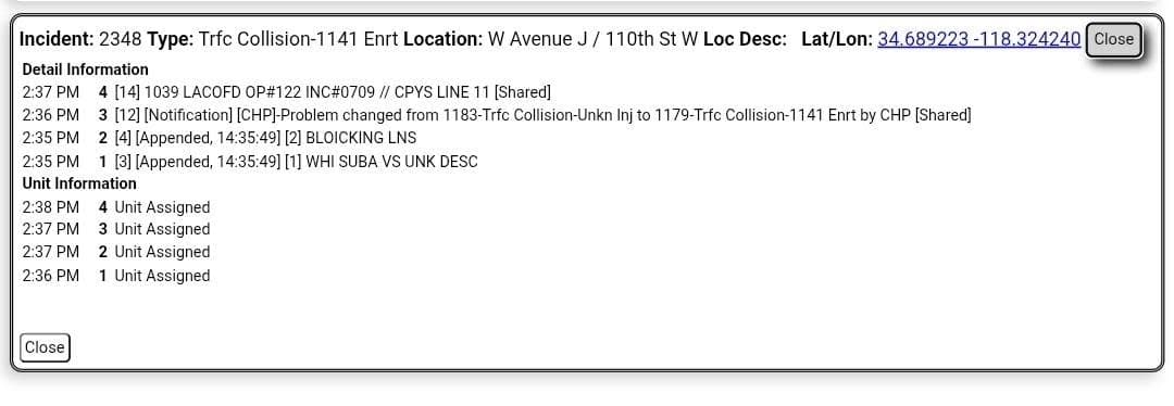 11-79.....110th Street West and Avenue J....two vehicle collision....CHP and FD enroute code...
