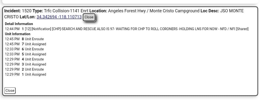 ****CONFIRMED FATALITY**** 11-79....Angeles Forest Highway near Monte Cristo Campground....motorcycle down....CHP and FD...