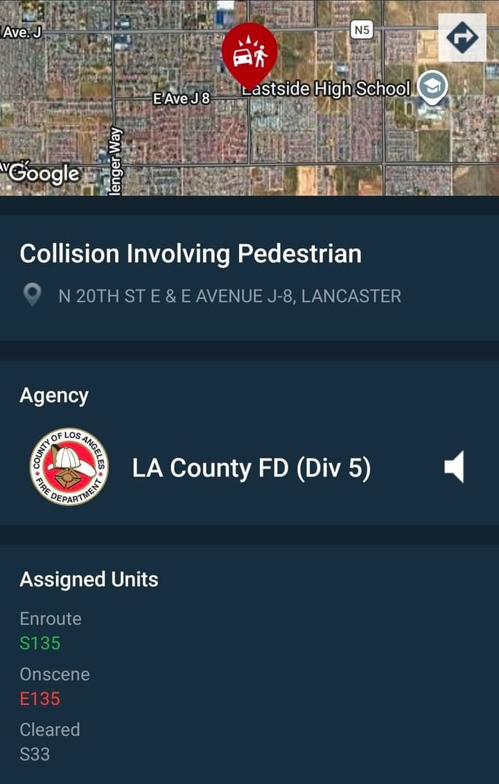 902T/902R....20th Street East and Avenue J-8....vehicle vs pedestrian....sheriff and FD enroute code...