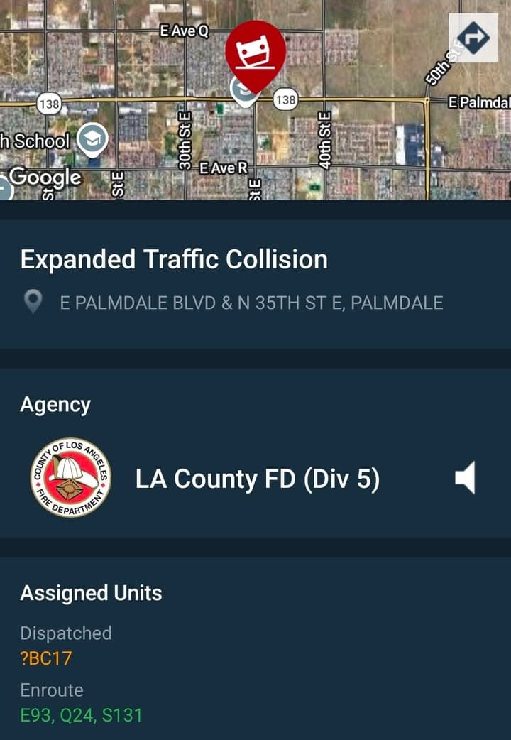 902T/902R....35th Street East and Palmdale Boulevard....three vehicle collision, blocking lanes, possible entrapment.....sheriff...